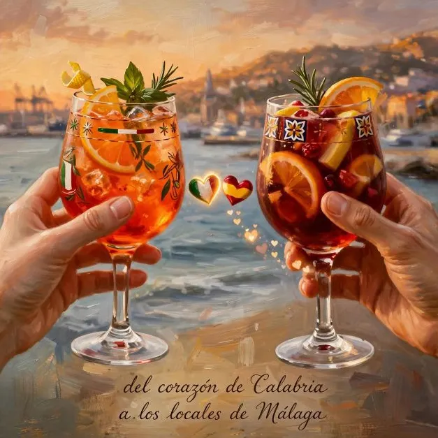 Dos personas brindando con cócteles Project Mediterraneo frente al mar de Málaga