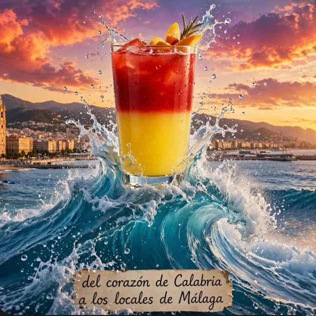 Cóctel Project Mediterraneo servido frente al mar de Málaga al atardecer